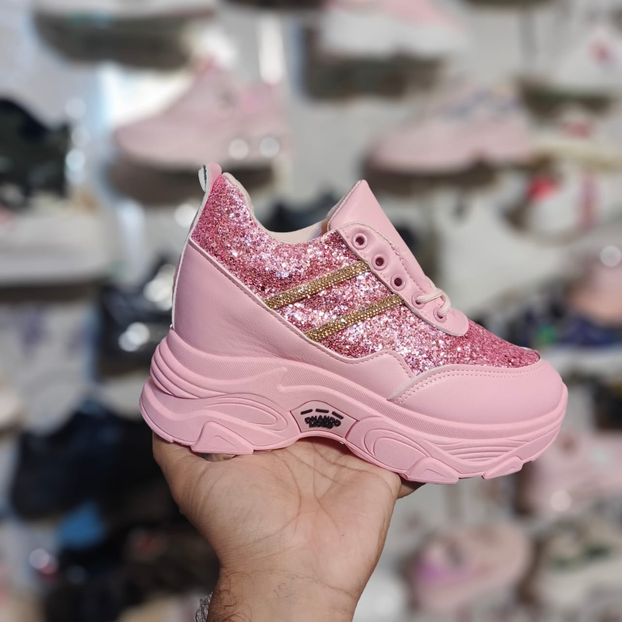 wedge sole-pink shiny-glitter sneaker-womens sneakers :