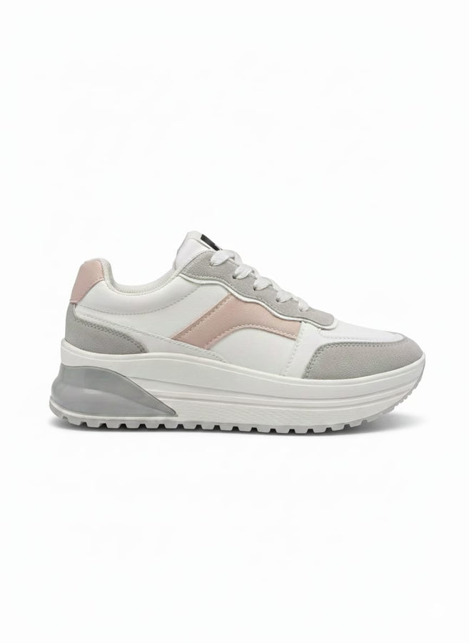 Women’s White Grey Chunky Sneakers – Soft Pink Accent Casual Shoes