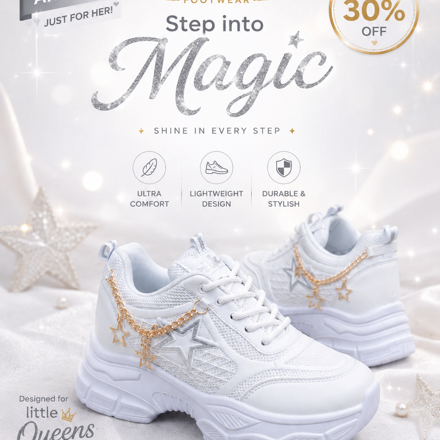 Girls White Star Charm Chunky Sneakers – Lightweight Fashion Shoes